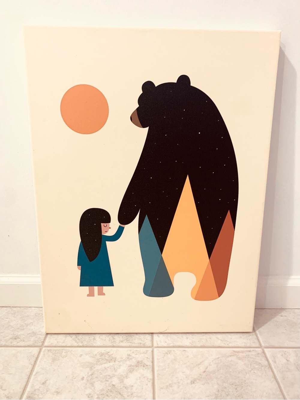 Modern Bear & Girl Canvas Wall Art Print in Cream, Black, Teal, and Orange